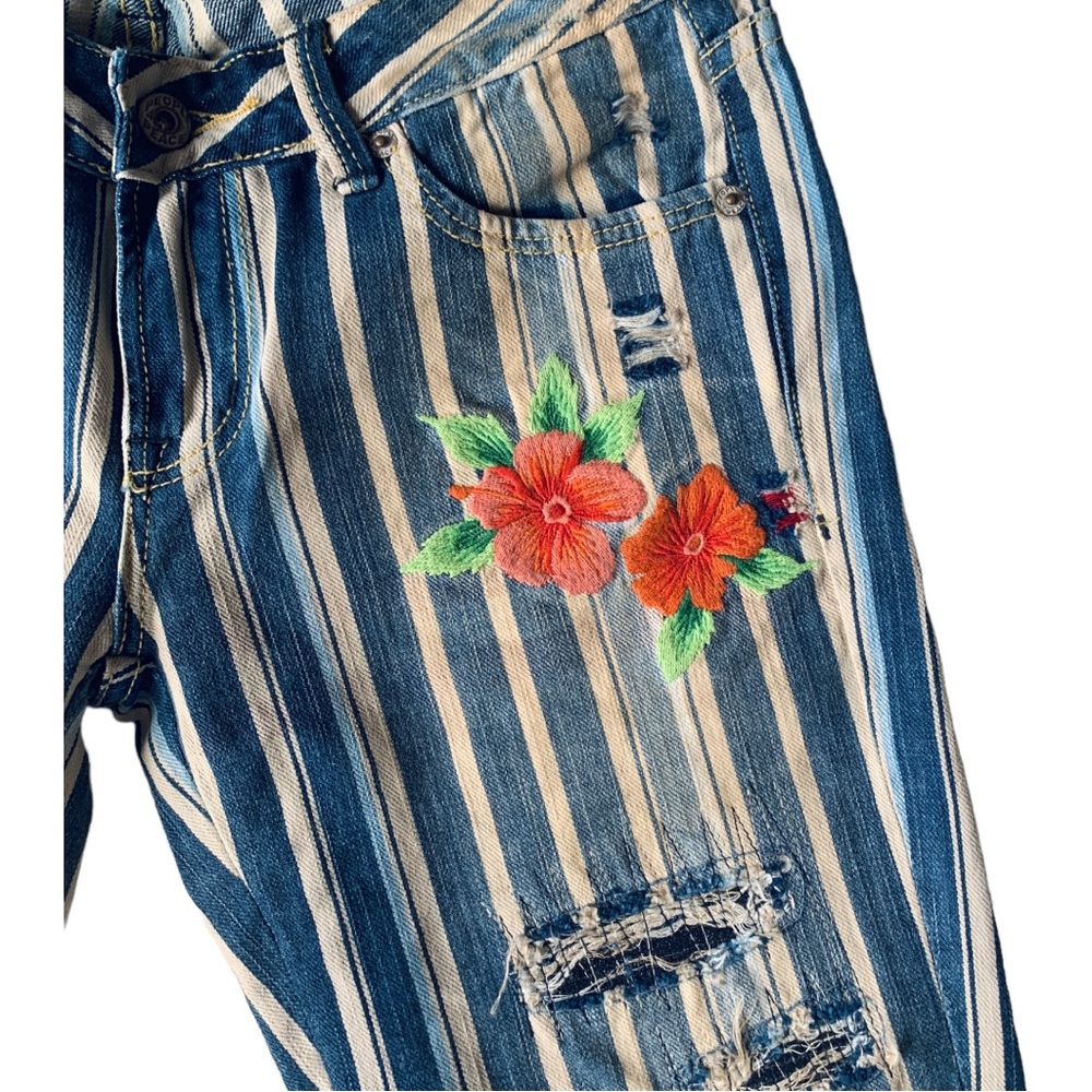 Blue Striped Embroidered Flare Jeans - Women - Picture 3 of 10